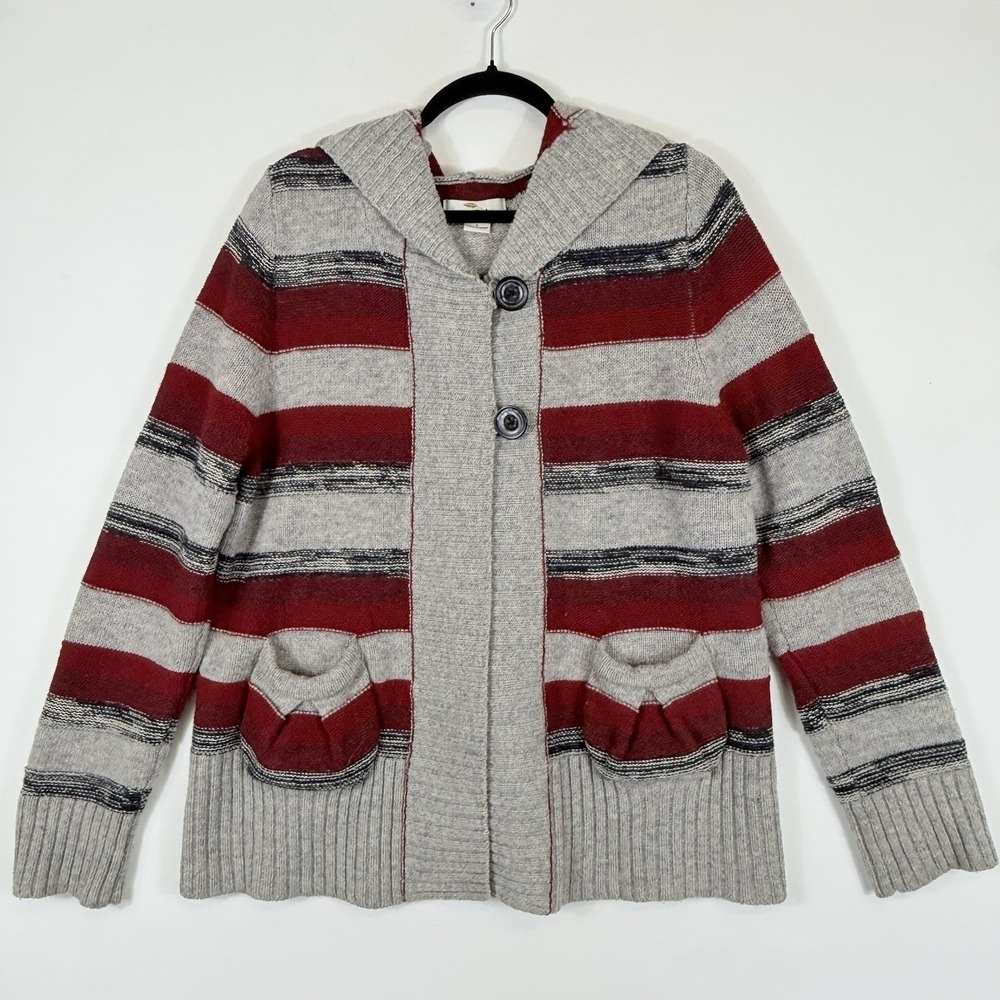Bob Timberlake Hooded Cardigan Womens Large Grey Red Striped Lambswool Grandpa